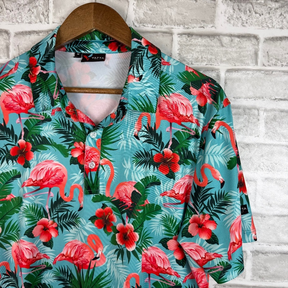 YATTA Golf Colorful Tropical Flamingo AOP Performance Golf Polo Mens MEDIUM